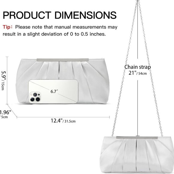 Women’s Satin Clutch Bag Elegant Pleated Formal Handbag with Detachable Chain - Picture 4 of 7